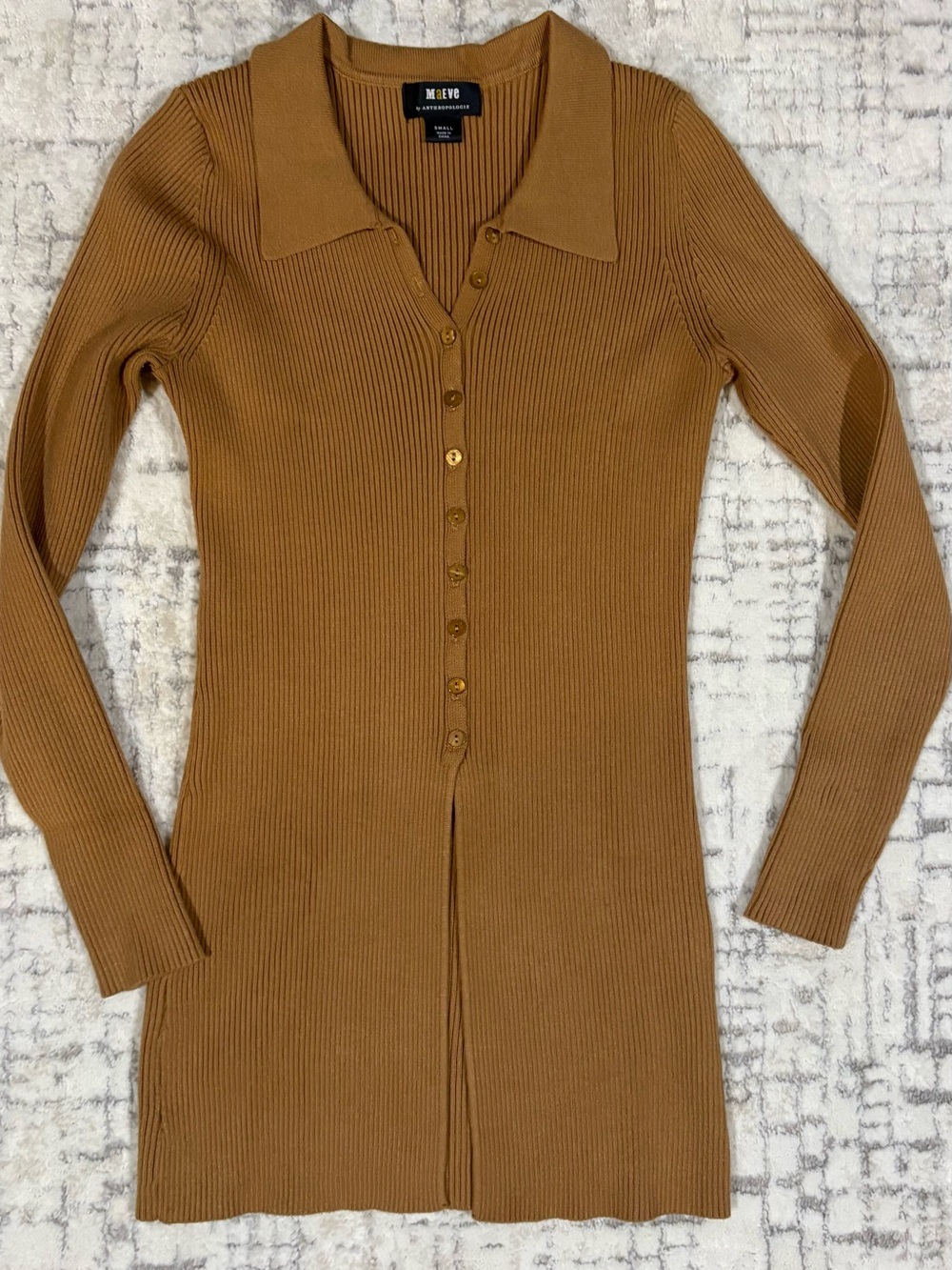 Maeve Ribbed Button-Front Cardigan in Camel/Tan